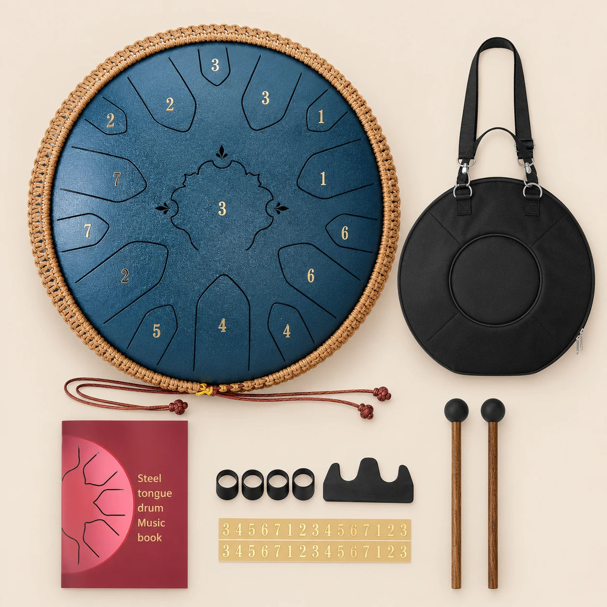 Tongue drum 15 notes 13 pouces bleu marine, contenu du colis