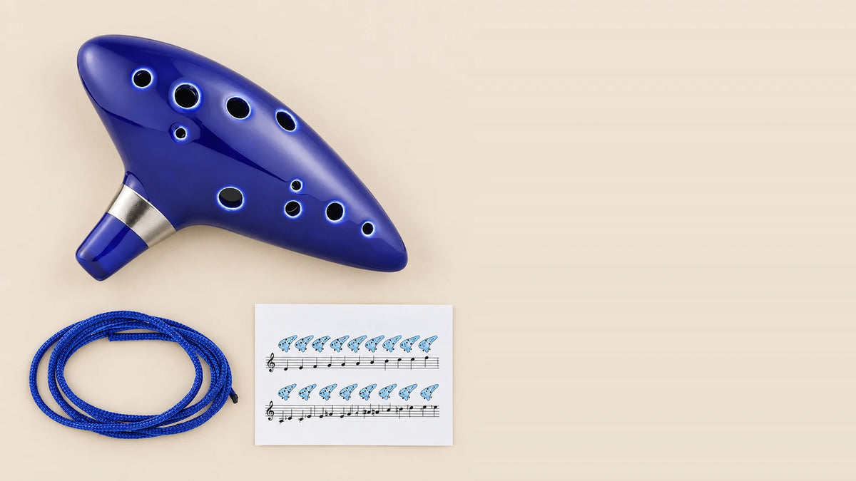 Ocarina 12 trous en céramique bleue, contenu du carton