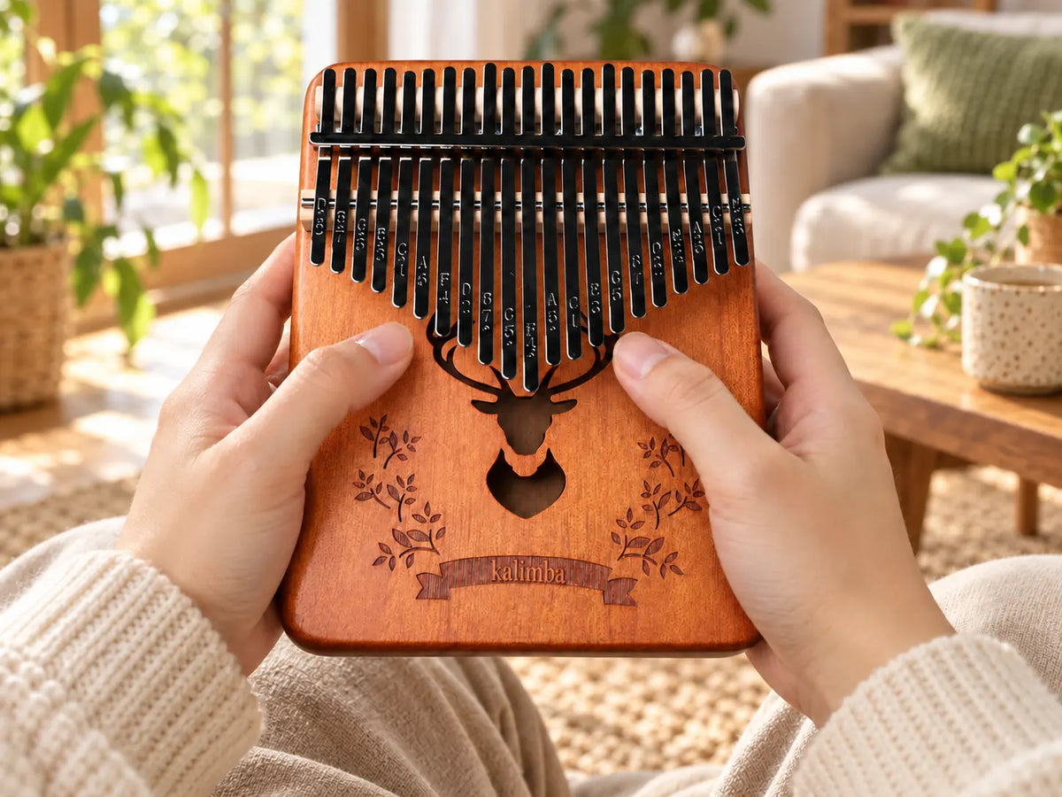 Kalimba 21 lames avec repose-mains tenu à deux mains, pouces posés au-dessus des lames