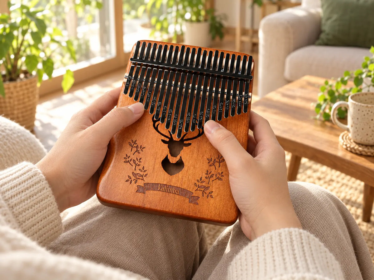 Deux pouces jouant les lames de chaque côté d'un kalimba 21 lames décor cerf