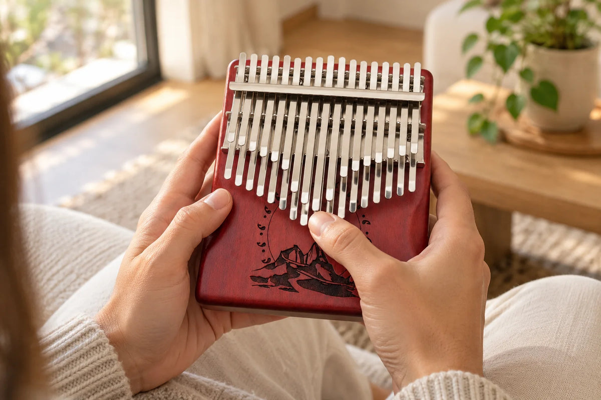 Kalimba 34 lames en bois et métal : étape 2, pincez une lame du pouce