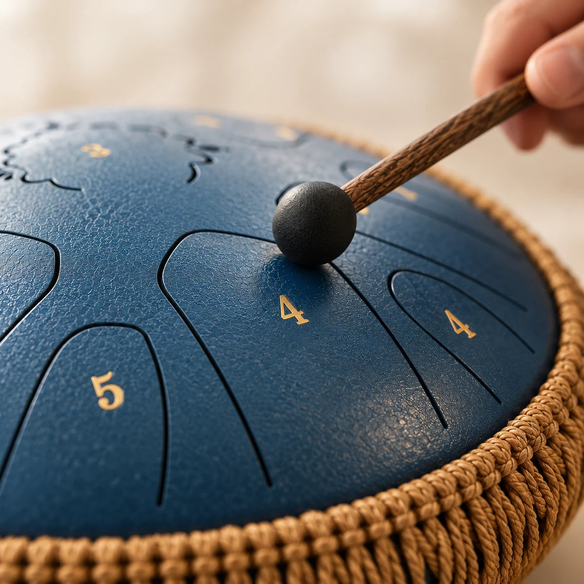 Famille tongue drum : un tongue drum en acier et ses languettes numérotées